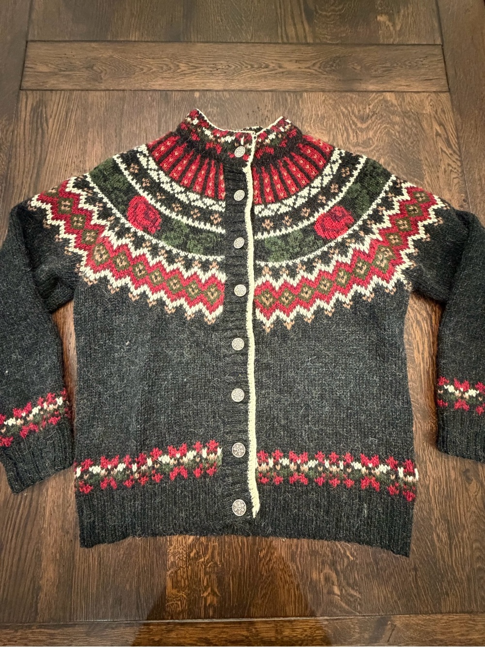 Woolrich Charcoal Fair Isle Cardigan with Red and Green Yoke